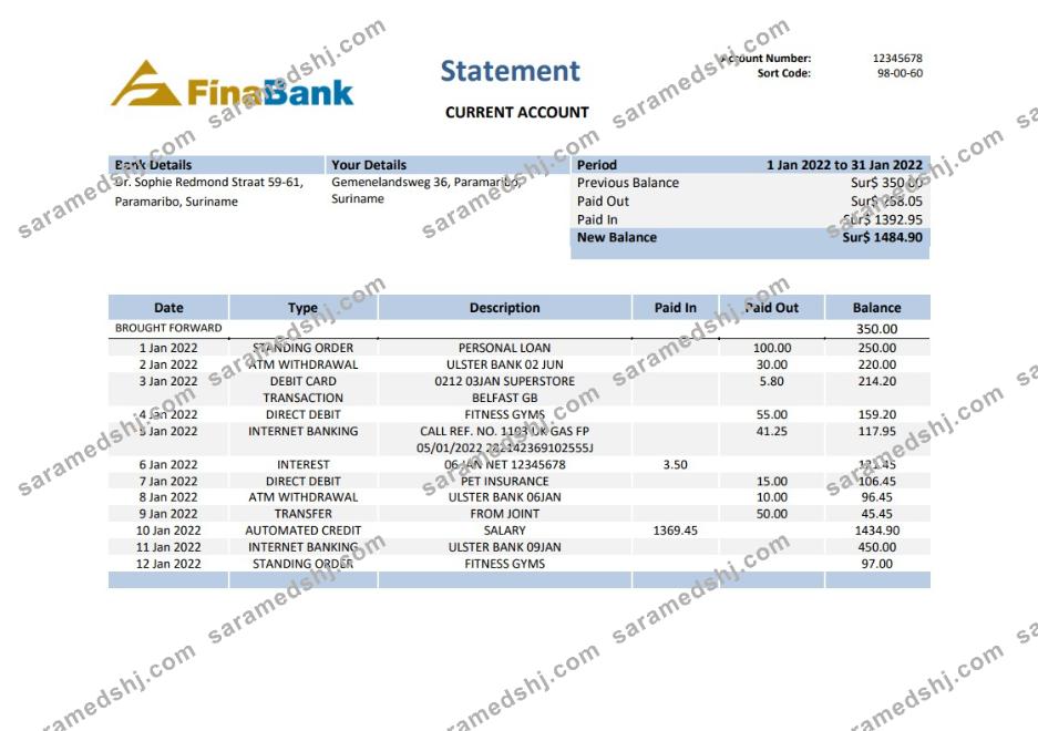 Suriname Finabank statement